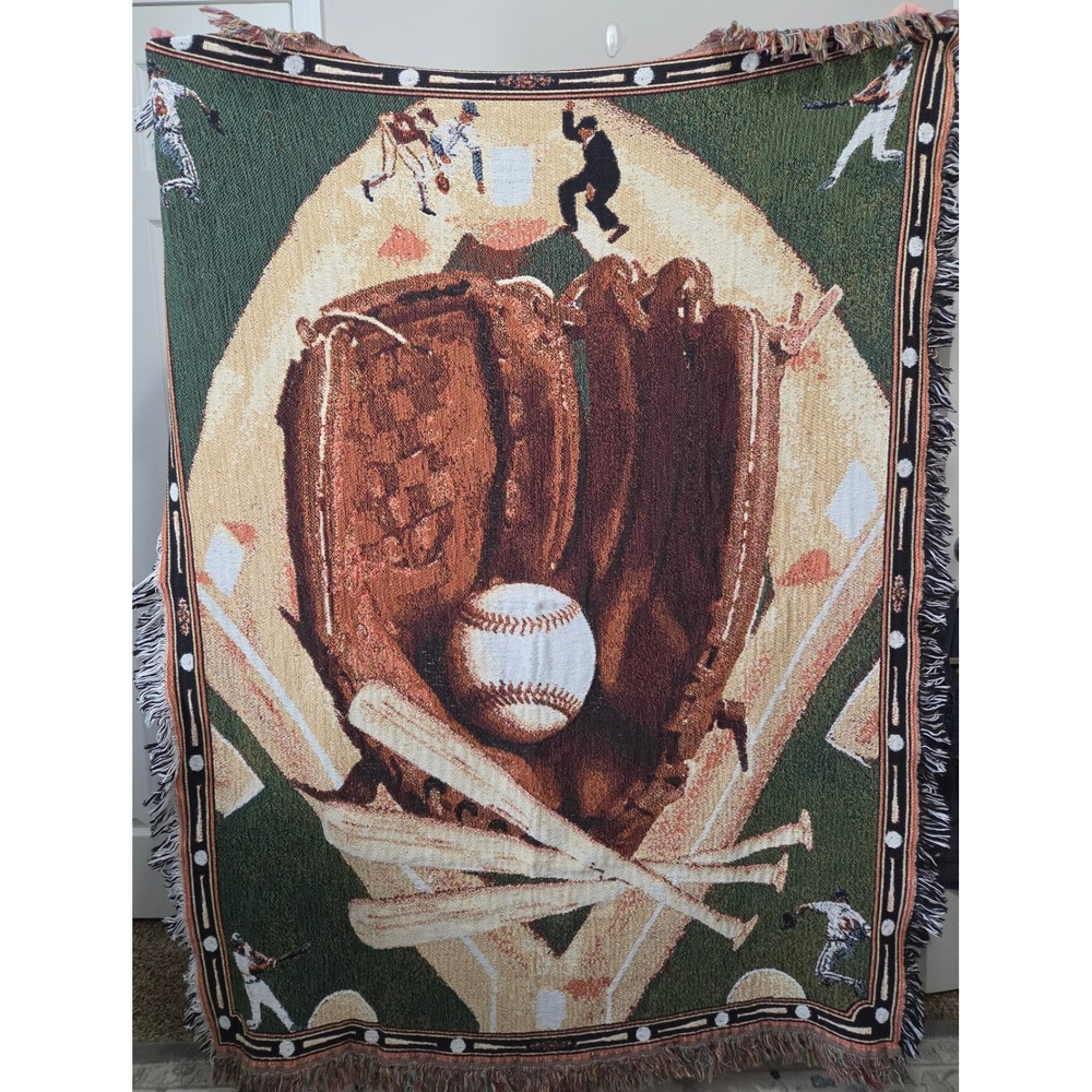 Vintage Baseball Woven Tapestry Throw Blanket‎ Glove Bat Ball Fringe Americana